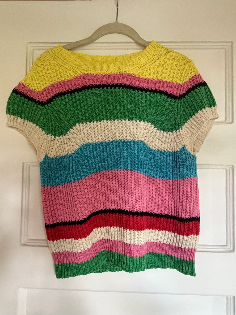 Colorblock Striped Knit Crewneck Sweater - Pink, Green, Blue, Yellow